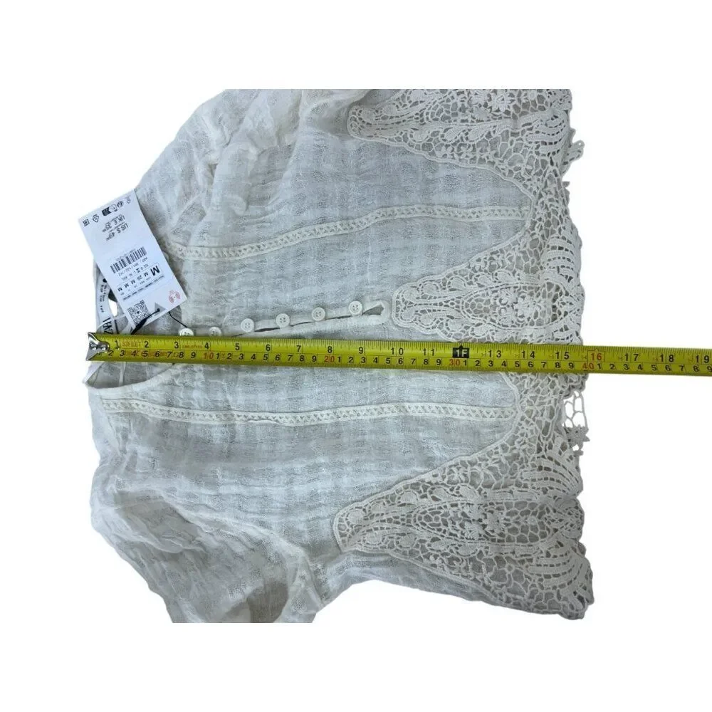 Zara Womens Top M Ivory Crochet Long Sleeve Cropped Blouse Cotton 3440/244 NWT